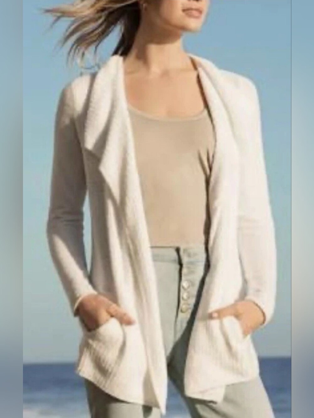 ​Barefoot Dreams Coastal Cardi M Bisque CozyChic Lite Open Knit Neutral Sweater